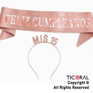 SET VINCHA MIS 15 Y BANDA FELIZ CUMPLEA�OS ROSA GOLD